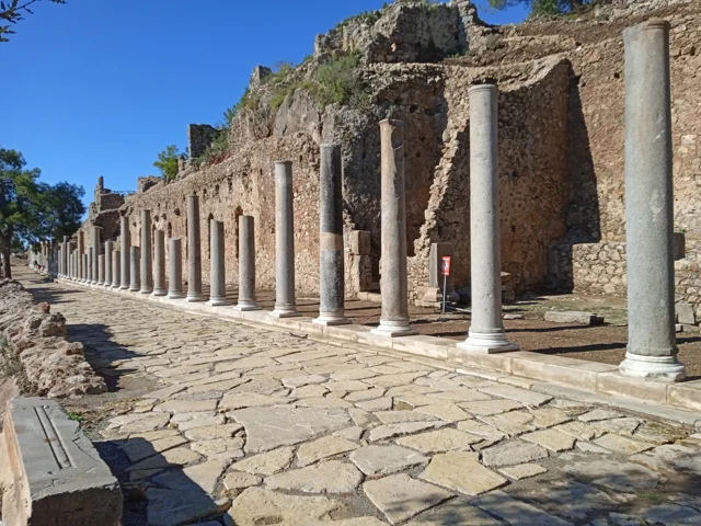 Colonnaded street at Syedra, a walking visit after the drive from Alanya; December 2023 photograph